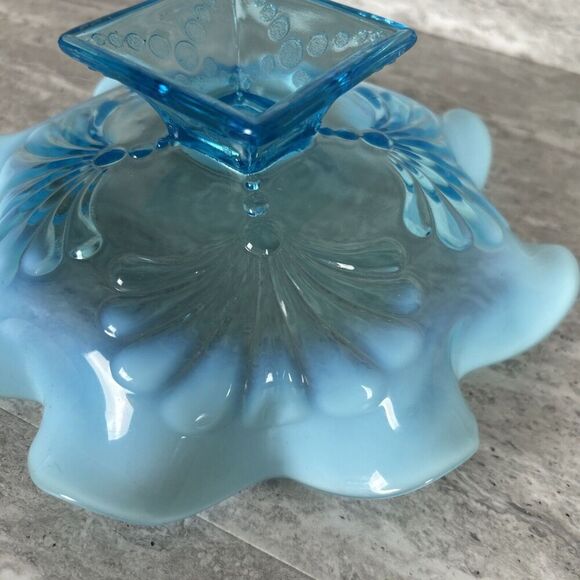 Northwood Blue Opalescent Ruffled Candy‎ Dish Shell Design Square Pedestal Base - Picture 15 of 16
